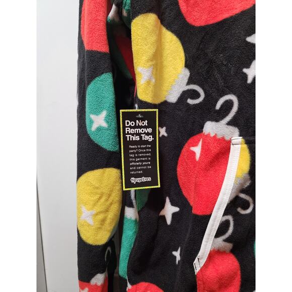 NWT Tipsy Elves Black Colorful Christmas Ornaments Fleece Jumpsuit Hoodie Mens L - Picture 3 of 8